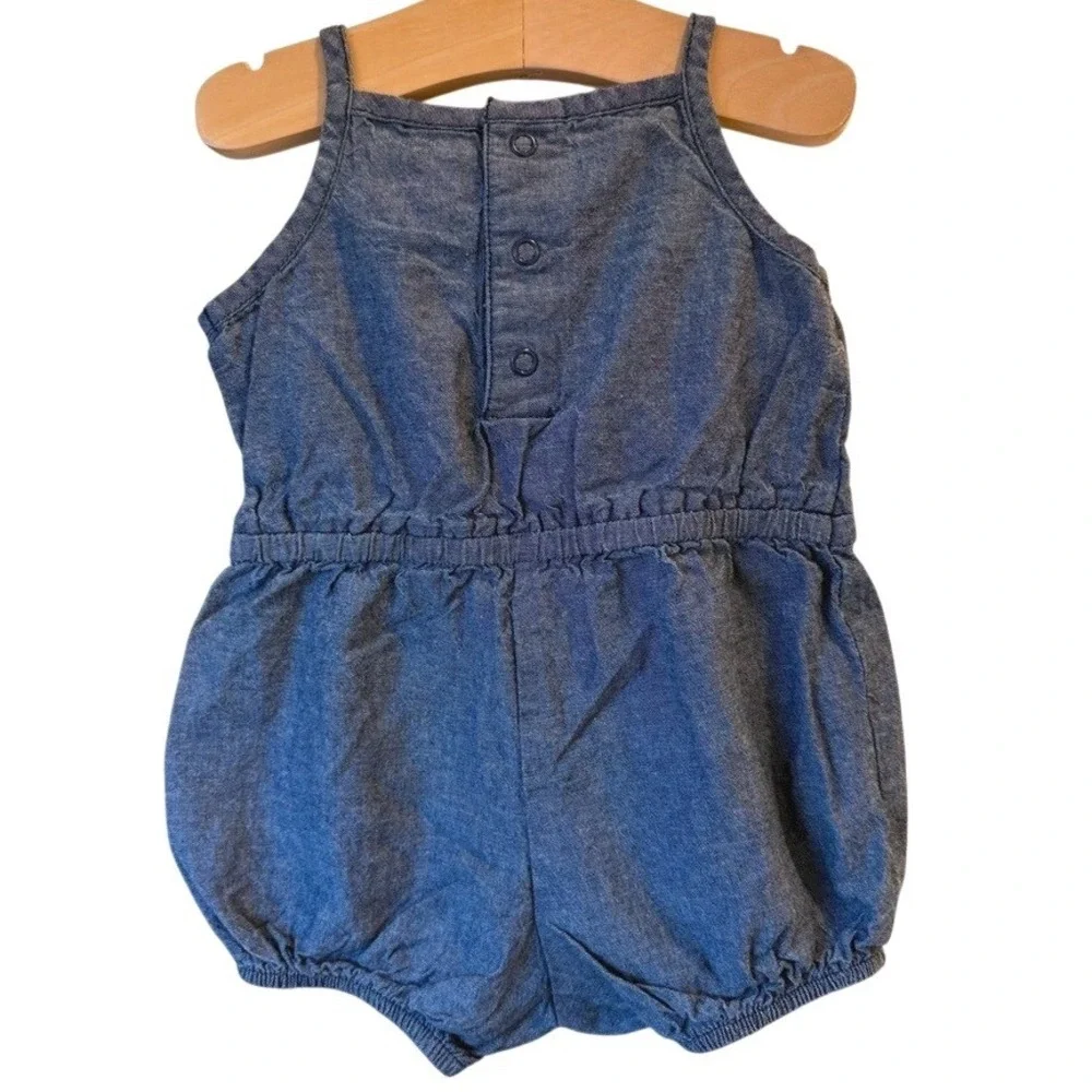 Carter's Baby Girl Chambray Denim Bubble Romper Pink Bow - size 9 mos